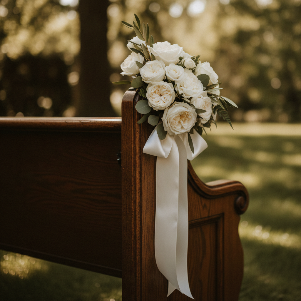Close-up of a solid hardwood church pew end decorated with white florals and satin ribbon for a wedding ceremony