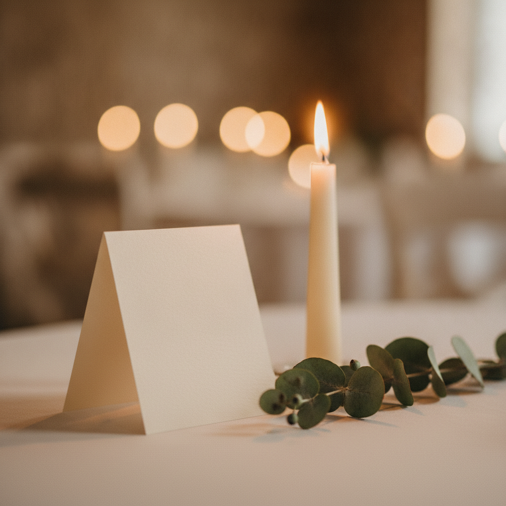 Tented table number card on white linen beside a candle at a wedding reception place setting