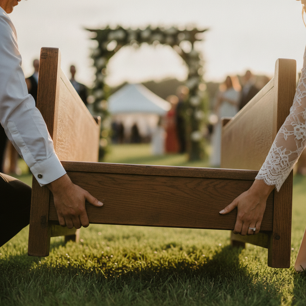 Two people carefully carrying a solid hardwood church pew across a grass lawn at an outdoor wedding venue, golden light