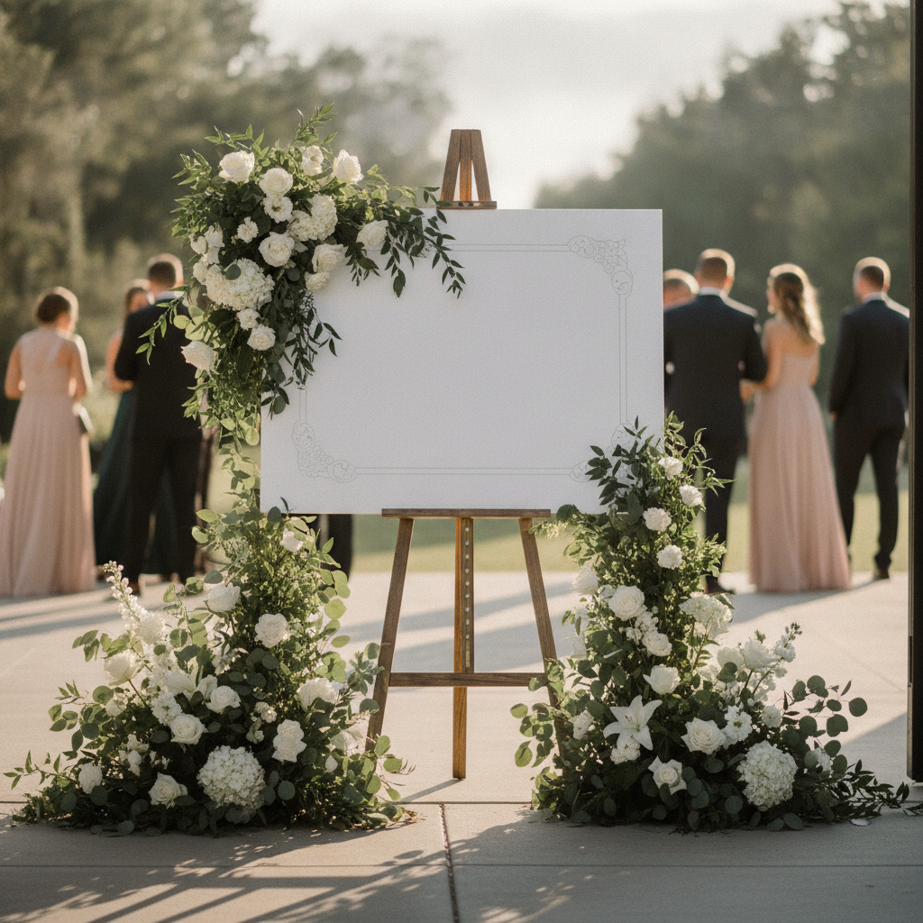 Overhead flat-lay of a wedding reception floor plan sketch on kraft paper with table markers, guest list, and pencils on a rustic wooden desk