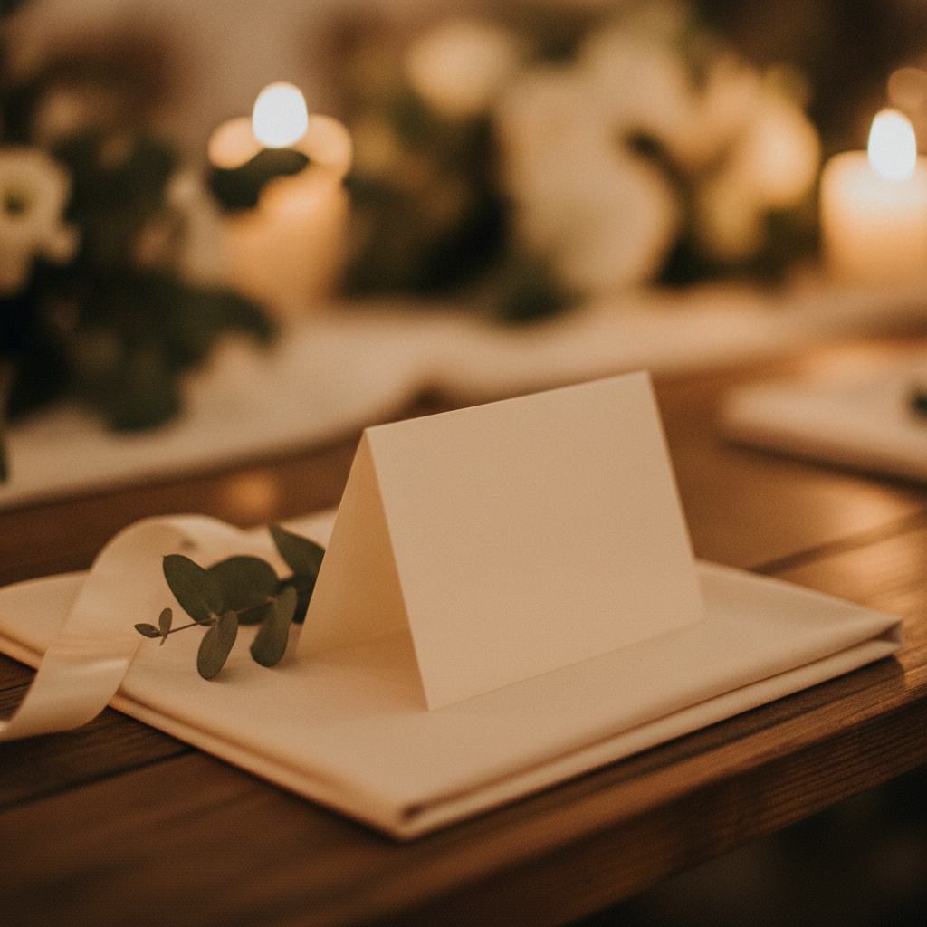 Cream tented wedding place card on a folded linen napkin with greenery and ribbon