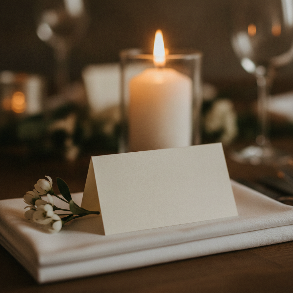 Close-up of a tented wedding name place card on a white linen napkin with a small white floral sprig and candle in soft background