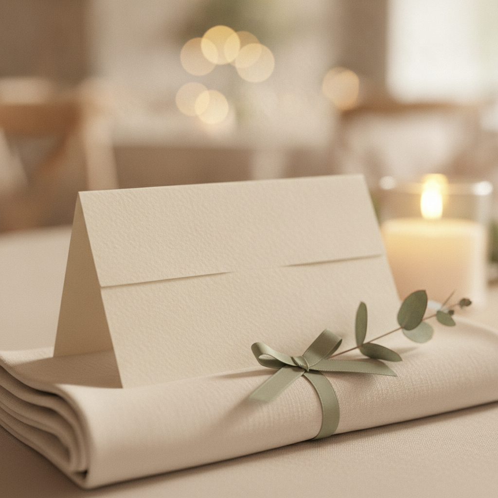 Cream tented place card with a sage ribbon and eucalyptus sprig at a wedding dinner setting