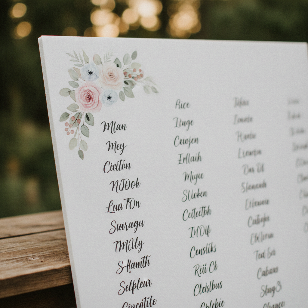 Custom printed foam board seating chart on a wooden easel at a wedding reception entrance