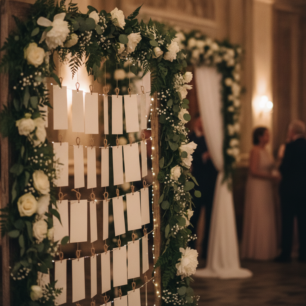 Escort card display with name cards hanging from a wooden frame draped in greenery and white florals at a wedding reception