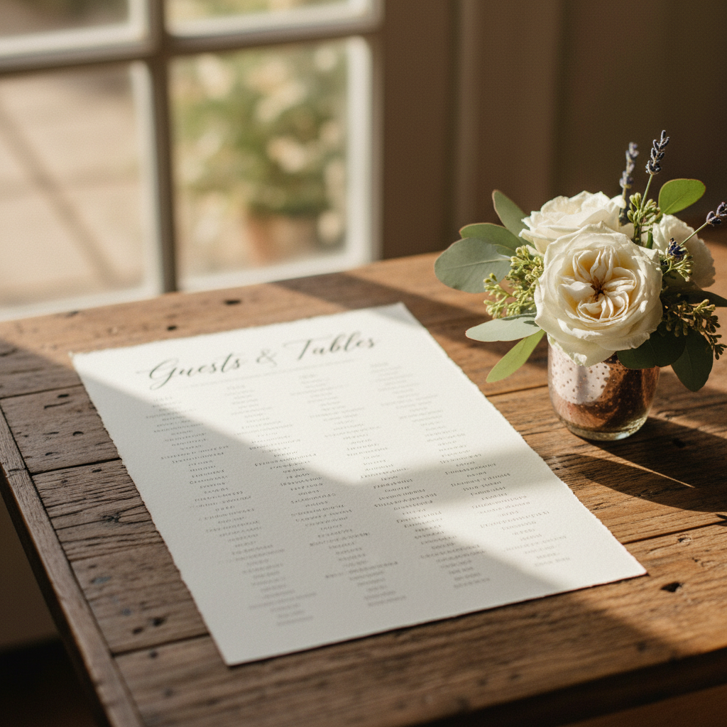 Wedding seating chart printed on premium paper beside a small floral arrangement on a rustic wooden table