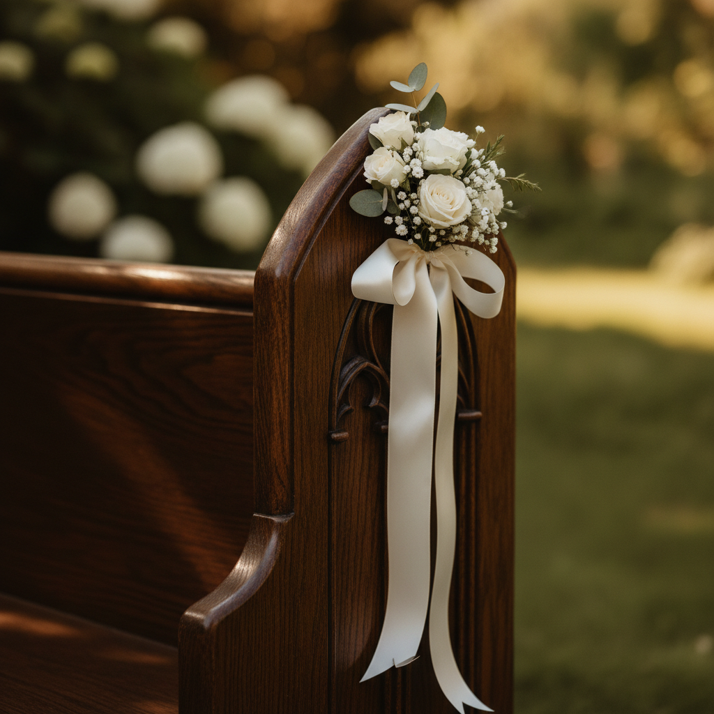 Solid hardwood church pew end with white floral arrangement and ribbon, warm dappled light