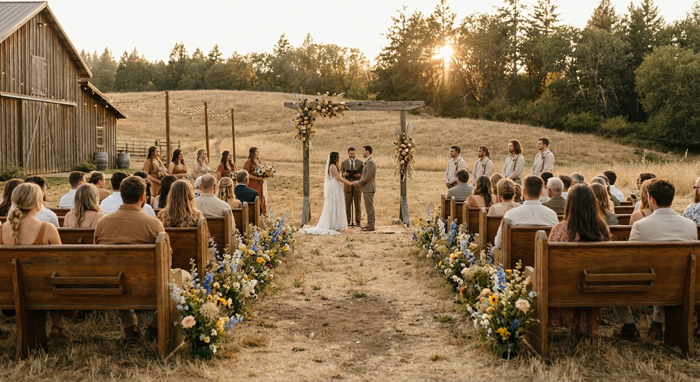 Outdoor wedding ceremony with wooden pews at sunset